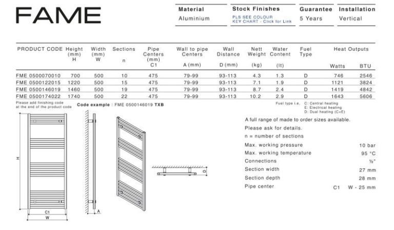 Fame Aluminium Designer Towel Rail Specifications