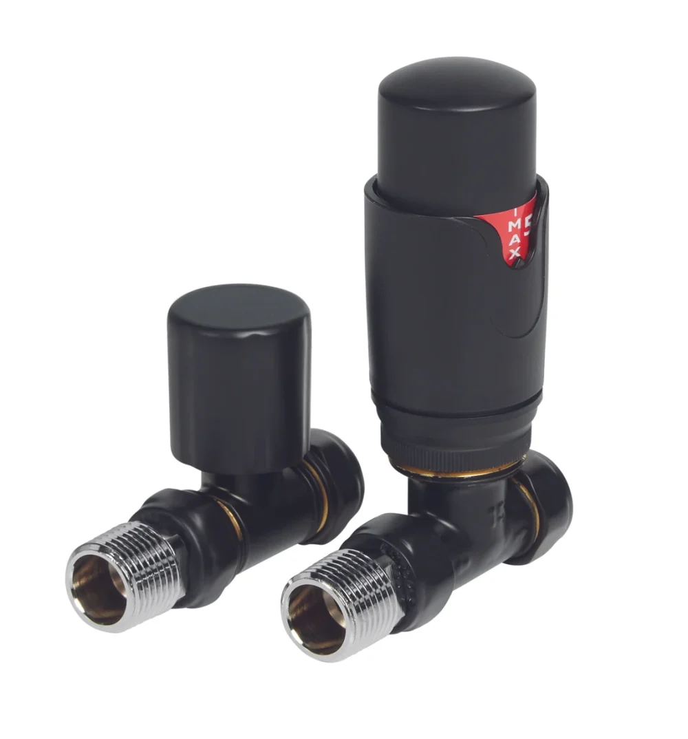 Straight Black Thermostatic Radiator Valve And Lockshield Round