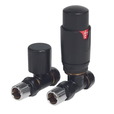Straight Black Thermostatic Radiator Valve And Lockshield Round