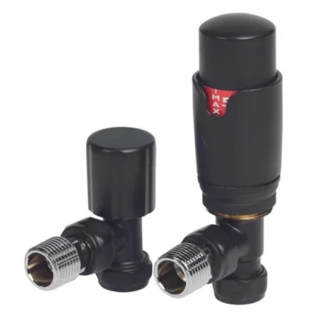 Angled Black Thermostatic Radiator Valve And Lockshield