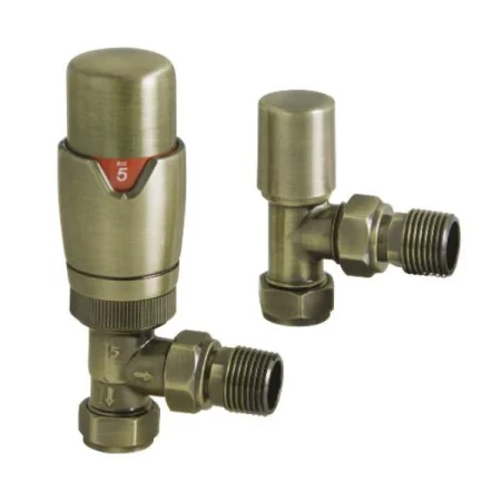 Angled Brushed Brass Thermostatic Radiator Valve And Lockshield