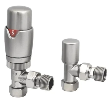 Angled Brushed Nickel Thermostatic Radiator Valve And Lockshield