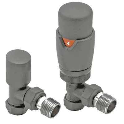 Angled Light Grey Thermostatic Radiator Valve And Lockshield