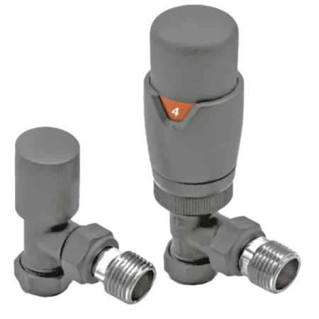 Angled Light Grey Thermostatic Radiator Valve And Lockshield