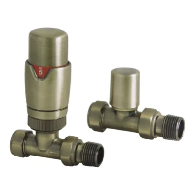Straight Brushed Brass Thermostatic Radiator Valve And Lockshield Round