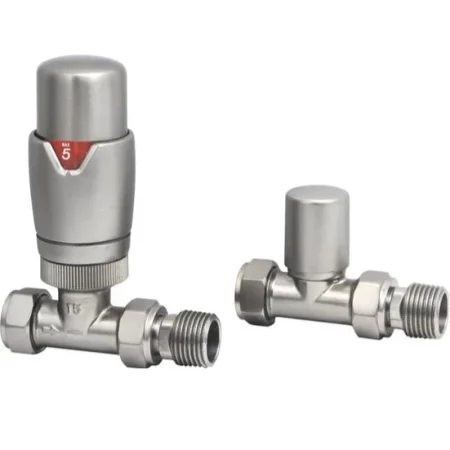 Straight Brushed Nickel Thermostatic Radiator Valve And Lockshield